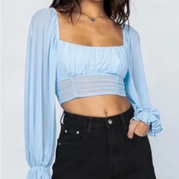 Princess Polly - penny long sleeve sheer top ruched cropped light blue US 4 - Picture 3 of 3